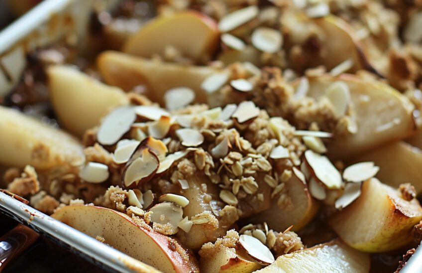 Auflauf mit Äpfeln, Haferflocken und Mandelscheiben in einer Backform, die goldbraun gebacken sind.