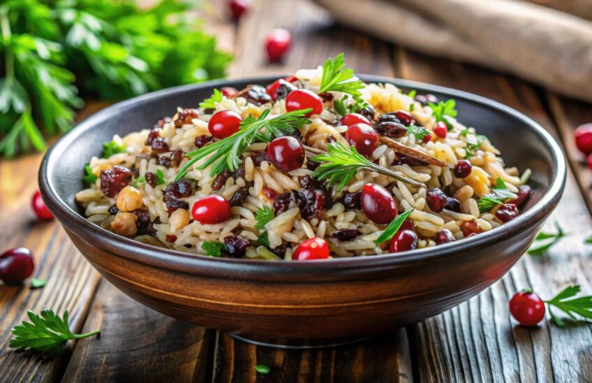 Schüssel mit Reissalat, Granatapfelkernen, Kräutern und Nüssen auf einem Holztisch.