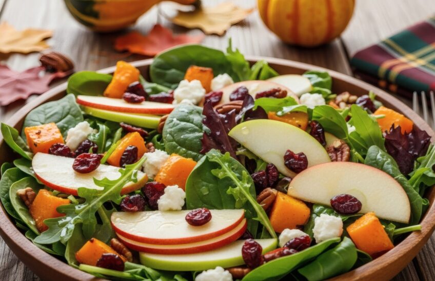 Bunte Salatplatte mit Spinat, Äpfeln, Kürbis, Cranberries und Ziegenkäse in einer Holzschüssel.